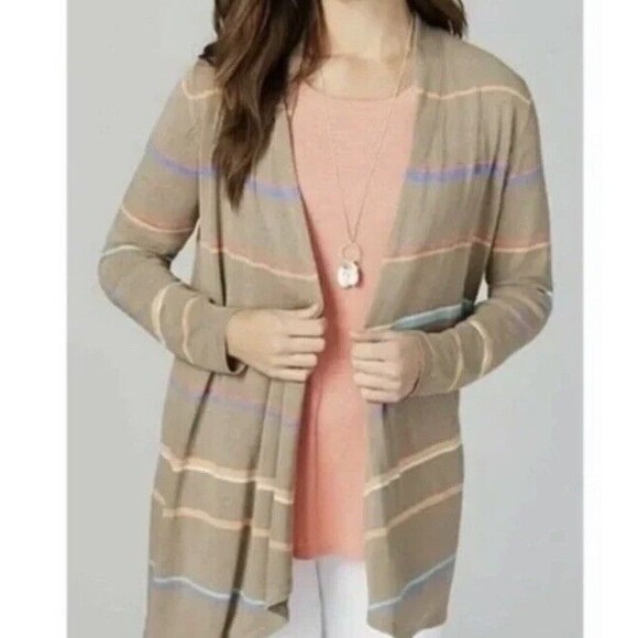 J Jill Linen Blend Open Front Cardigan Sweater Large Striped Knit Tan Multicolor - Picture 1 of 11